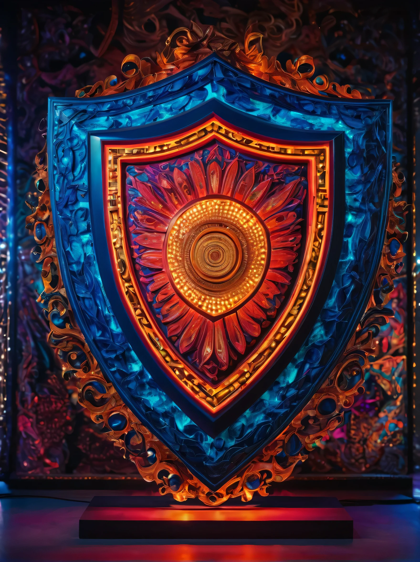 (masterpiece), realistic, UHD ,8k,Photography of an extraordinary shield, brimming with wild and imaginative creativity. This avant-garde shield defies convention, featuring a mesmerizing blend of vibrant colors, intricate patterns, and unconventional materials. Its surface is adorned with a kaleidoscopic array of neon lights, creating a captivating visual spectacle that demands attention. The shield's unconventional design, with its asymmetrical shape and bold textures, challenges traditional notions of protection, transforming it into a bold artistic statement. This close-up shot captures the intricate details and unique craftsmanship, highlighting the fusion of art and functionality. Photographed by David LaChapelle, a renowned photographer known for his bold and provocative imagery