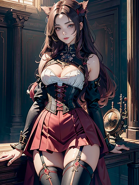 (((masterpiece)))、((highest quality))、(Super detailed)、(CG illustration)、(very beautiful girl))、cinematic light、((1 Mechanical Girl))、 SF、Apocalypse、Erotic grotesque、graduate school(beautiful and luxurious:1.2)、(1 girl:1.3)、facing the front,red-purple long hair,corset,(((High waist tight skirt)))