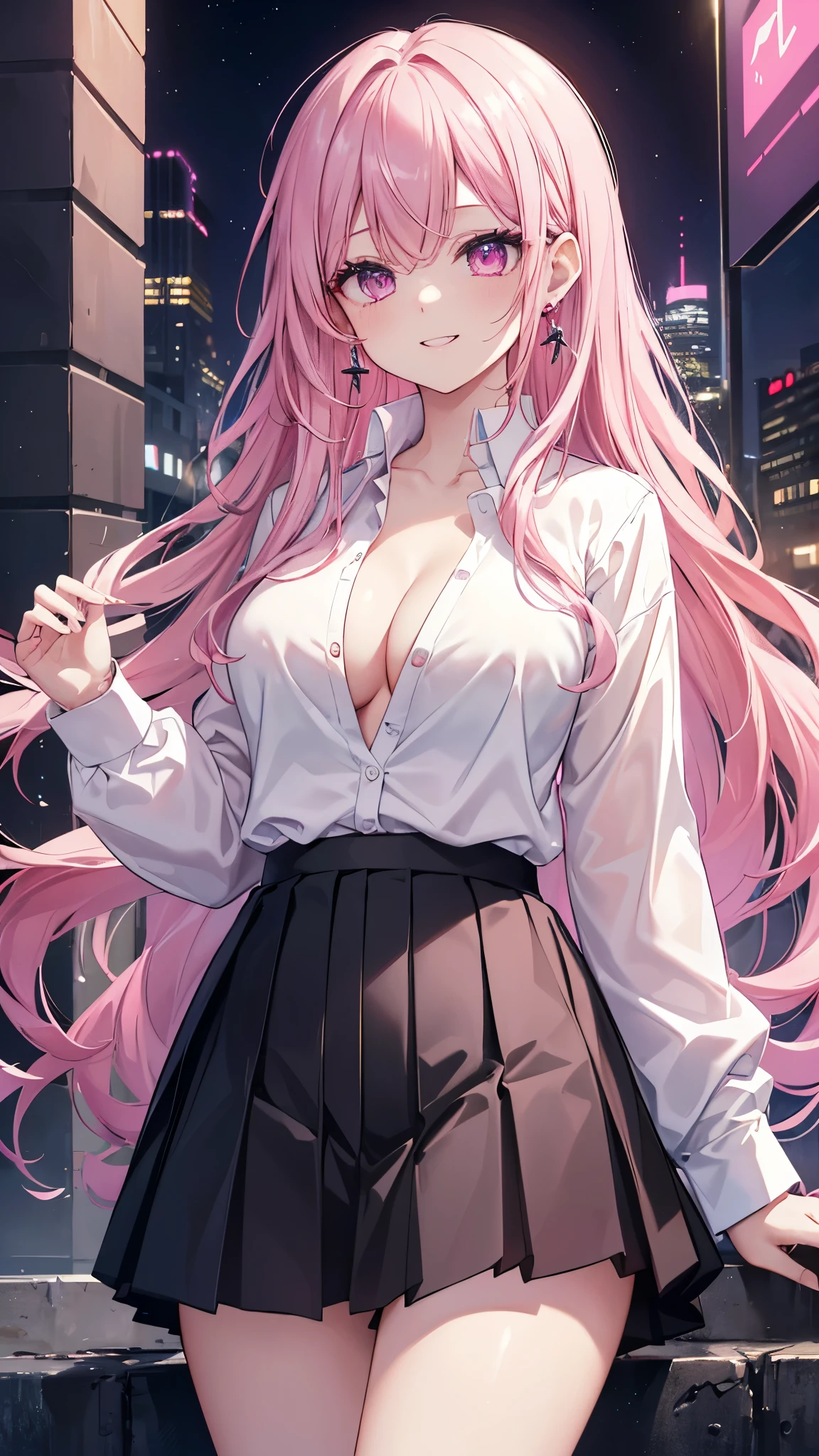 (8K、Highest image quality、highest quality、masterpiece)、detailed face、1 woman、pink hair、long hair、wavy hair、pink eyes、earrings、smile showing teeth、Moderate chest、((Unbuttoned white shirt))、cleavage、((black pleated skirt))、cowboy shot、night city background
