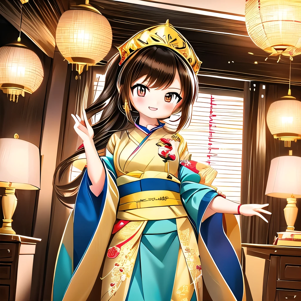 A Q-version animated girl stands in a cheerful room full of New Year atmosphere, smiling and wishing the audience a Happy New Year.