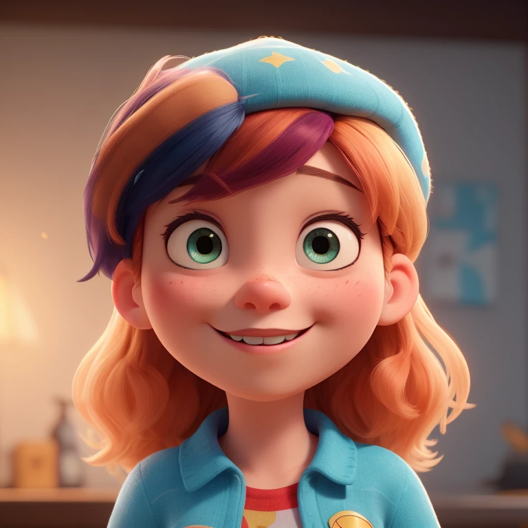 ((melhor qualidade)), ((obra de arte)), (detalhado), rosto perfeito
streaked hair, multicolored hair, hair between eyes, beret, aqua eyes, smile, wide shot, Pixar, cinematic lighting