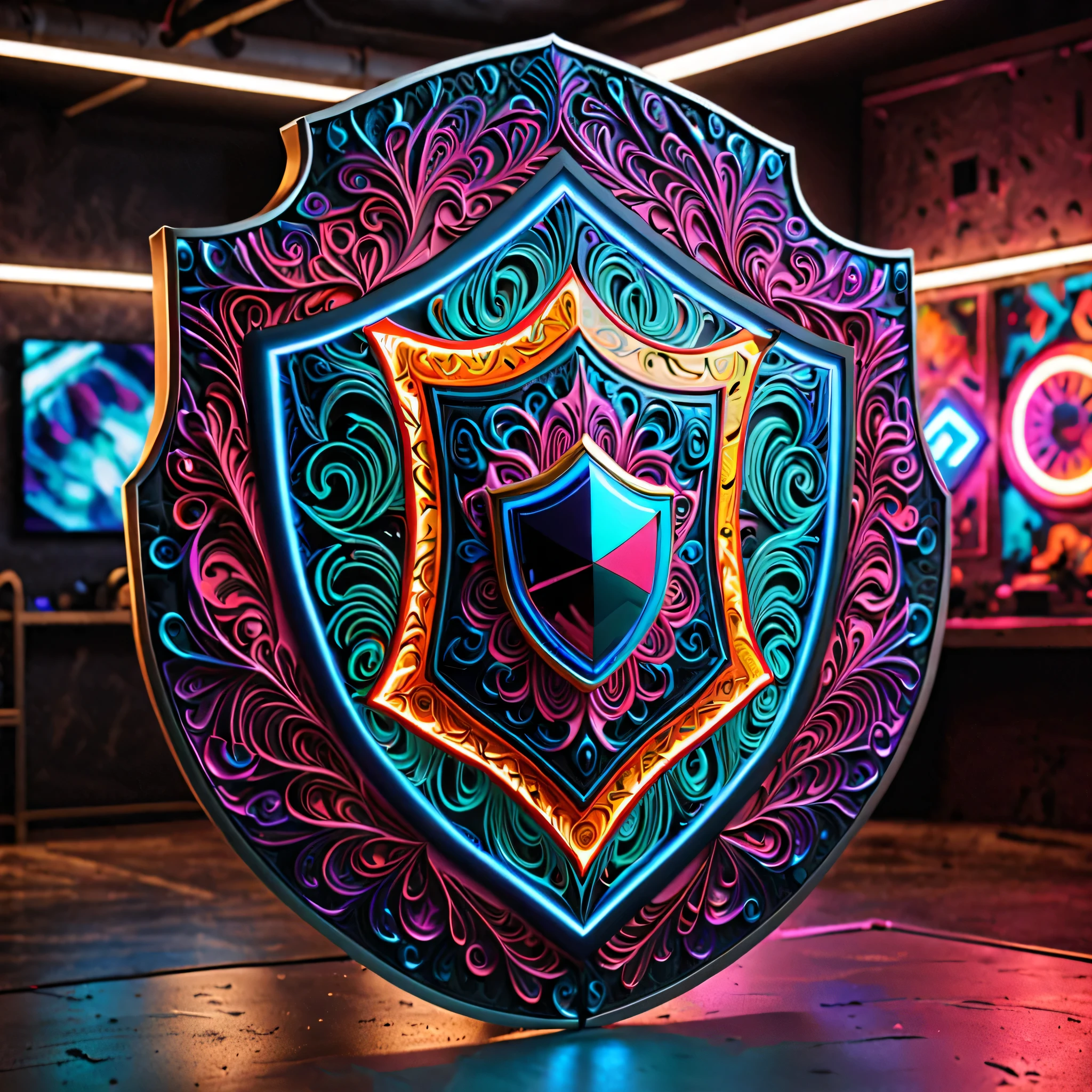 (masterpiece), realistic, UHD ,8k,Photography of an exquisitely imaginative shield that pushes the boundaries of creativity. This extraordinary shield is a true testament to wild and daring innovation, featuring a combination of unconventional materials, such as mirrored surfaces, neon lights, and intricate fractal patterns. Its unconventional shape and vibrant color palette create a visually stunning
