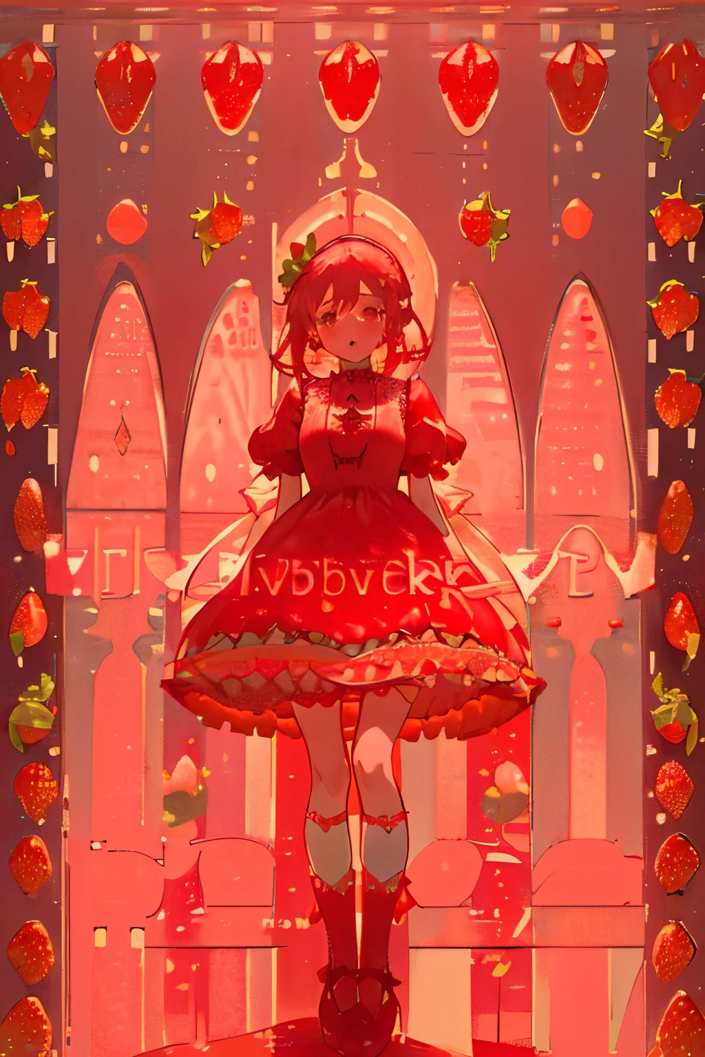 //fashion
(pastel-red theme:1.3),((Strawberry Gothic Dress with Strawberry pattern:1.4)),(Strawberry ornament:1.3),(red big ribbon:1.3),(Strawberry earrings:1.2),(white Knee High Socks:1.3), 