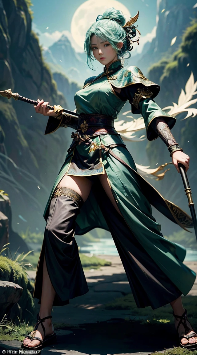 ((full body illustration)), high definition|quality|contrast. Magic fantasy art. an imposing Chinese warrior woman holding a staff in a combat pose, (((stand pose))), ((looking at the viewer)), traditional dress in shades of green, tattoo on her leg, ((swirl of leaves around)), wind, leaves. her body emanates an energy of peace and strength that emits white and green colors of peace and strength.This energy that radiates around her protects her against an evil spirit. soft ambient light. (((2.5D anime style)))