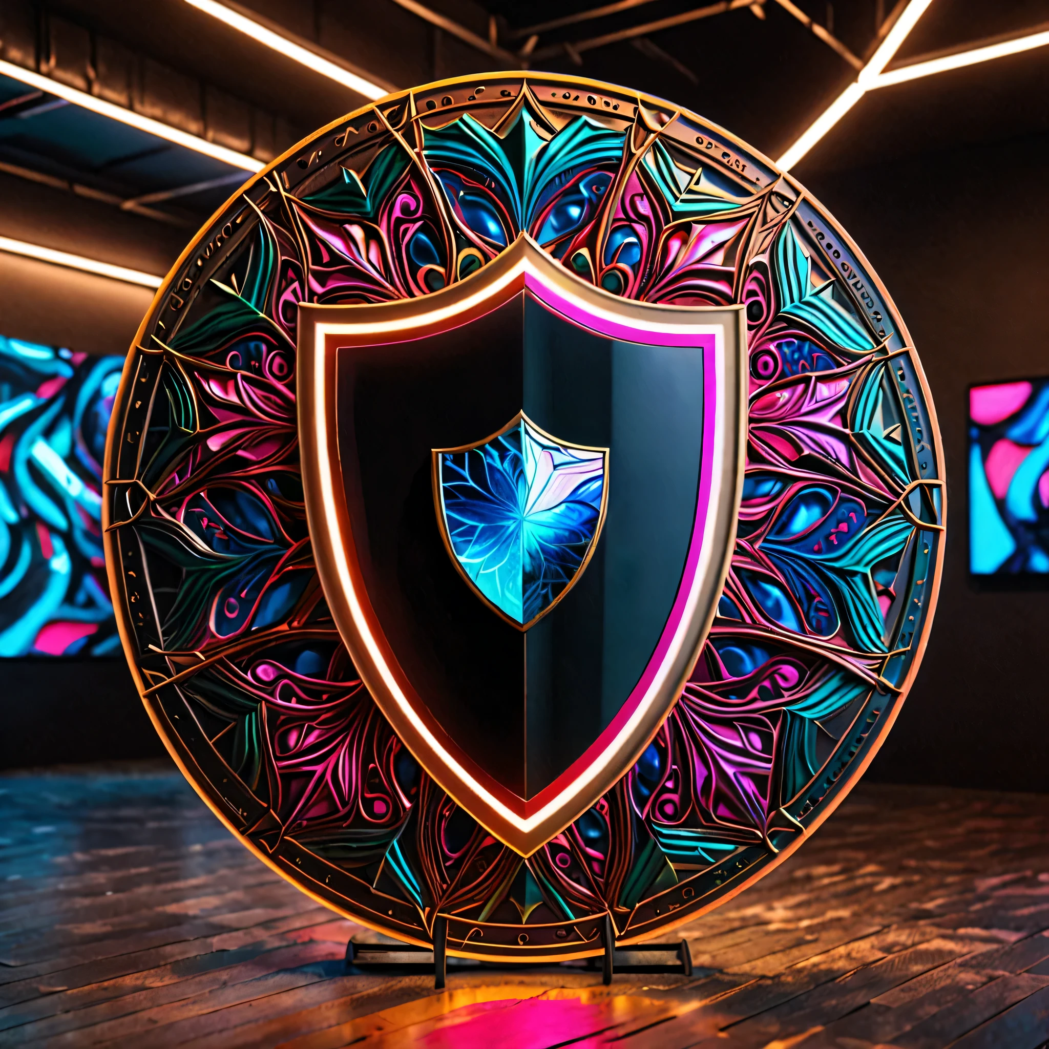 (masterpiece), realistic, UHD ,8k,Photography of an exquisitely imaginative shield that pushes the boundaries of creativity. This extraordinary shield is a true testament to wild and daring innovation, featuring a combination of unconventional materials, such as mirrored surfaces, neon lights, and intricate fractal patterns. Its unconventional shape and vibrant color palette create a visually stunning