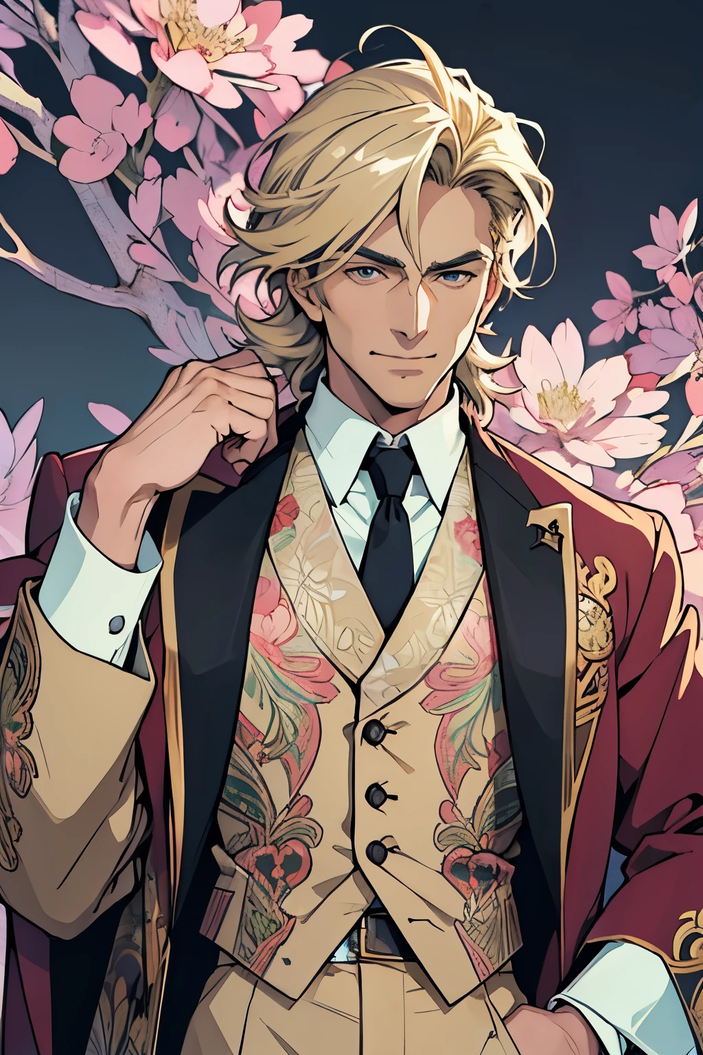 (8k,masterpiece,ultra detail,high quality anime:1.2),art nouveau style background,1mane,old male,dandy face,suit,shirt,tie,good looking guy,open tie,shiny eyes,tareme handsome guy.model pose,male focus anime