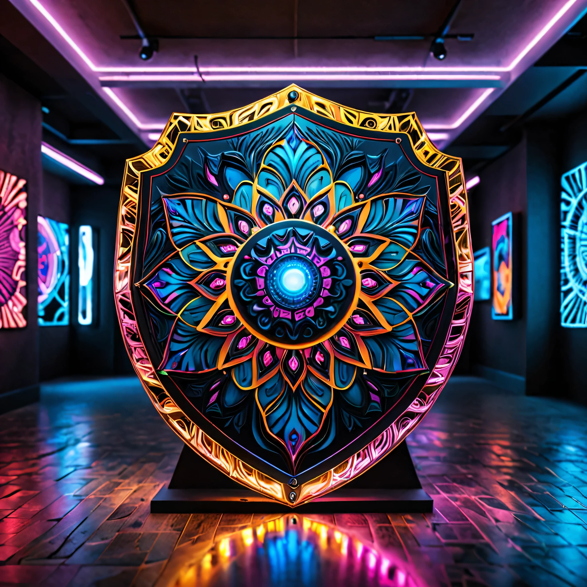 (masterpiece), realistic, UHD ,8k,Photography of an exquisitely imaginative shield that pushes the boundaries of creativity. This extraordinary shield is a true testament to wild and daring innovation, featuring a combination of unconventional materials, such as mirrored surfaces, neon lights, and intricate fractal patterns. Its unconventional shape and vibrant color palette create a visually stunning