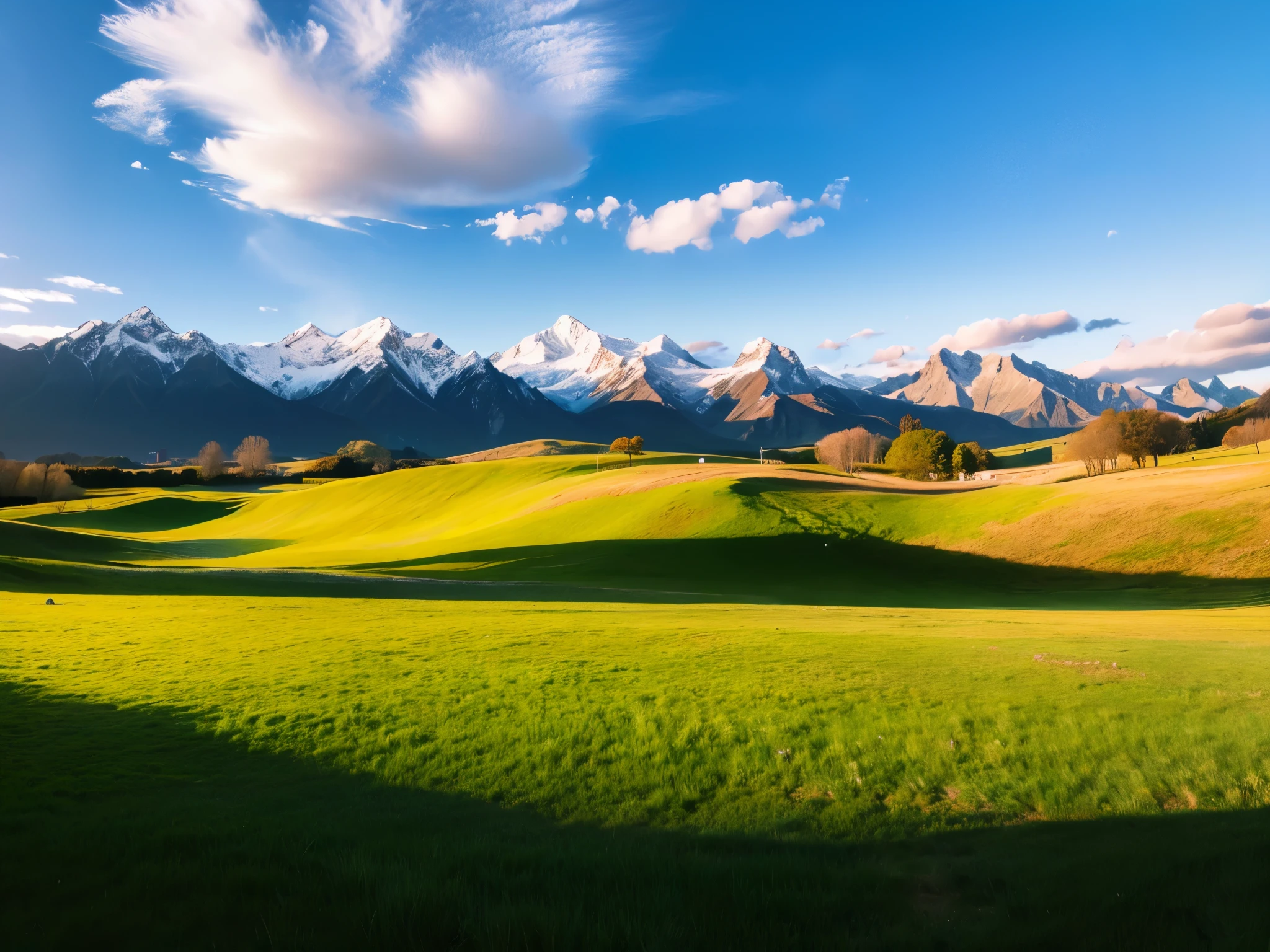 create a wallpaper background ultra high detail, like Windows XP wallpaper, looking across a hilly field, sunshine, grass, blue sky, light cloud, ultra realistic, snow capped mountains in the background