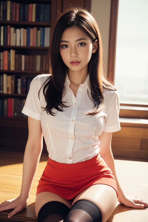 Masterpiece, a beautiful woman,(fantasy library background), (tight business shirt), (very short skirt), (stockings), (medium breasts), perfect body, hair tied in aa loose bun, legs, (skin texture:1.1), best quality, ultra high res, (photorealistic: 1.4), Raw photo, by Ellen von Unwerth, Nikon D850 Film Stock Photography, F1.6 Lens, Rich Colors, Realistic, Cinestill 800, backlight, rimlighting, studiolighting