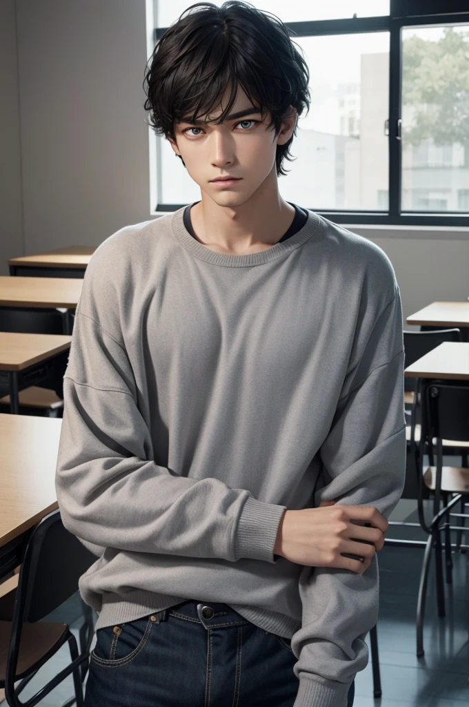 Young looking man, short black hair 1.5, messy hair with bangs from the forehead to the beginning of the eyes, slightly wavy hair, similar to a black suit with yellowish edges, pale skin, red eye iris, pale skin, red eye irises, bored and slightly irritated facial expression with funny humor tone, athletic body underneath your clothes, image showing the top of the head to the end of the waist, ultra detailed, classroom interior landscape