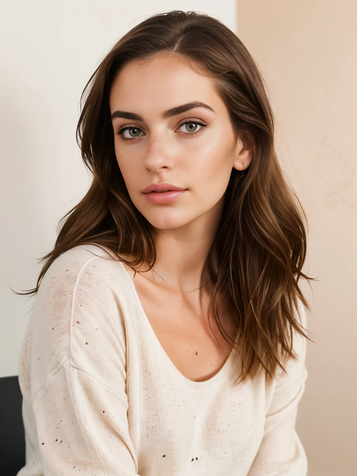 realistic portrait photo of beautiful woman with brow hair,Italian,influencer model,light freckles,Realistic brown eyes,no makeup,instagram,in contemporary clothing,sitting casually above an \'instagram\' logo. The background is a mockup of her Instagram profile page with the profile name \'Alita\' and a profile picture identical to the character