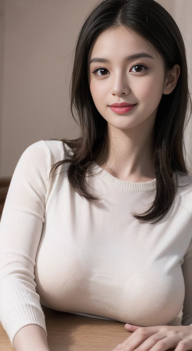 on the table, best quality, illustration, Super detailed, fine details, high resolution, 8k wallpaper, Perfect dynamic composition, Beautiful and delicate eyes, Black long sleeve knitted dress,straight hair,Big breasts natural color lips, Feel free to pose sexy,Smile,Home、20 year old girl、Lovely、Sexy shot looking at camera,Perfect and beautiful face