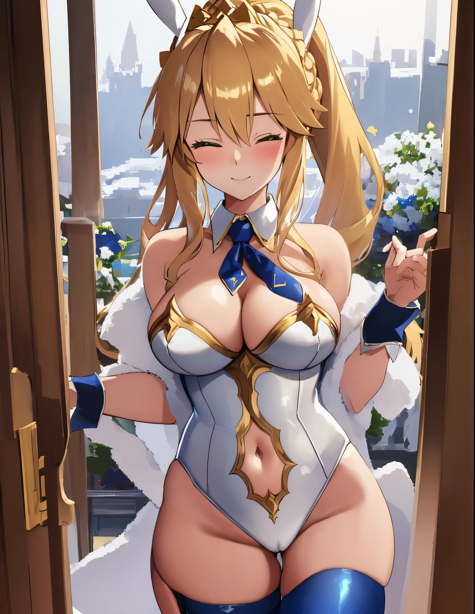 masterpiece, best quality, absurdres, soft lighting, looking at viewer, soght_smile:0.7), wink, one eye closed,
1girl, ahoge, rabbit ears, playboy bunny, artoria pendragon \(swimsuit ruler\) \(fate\), large breasts , blonde hair, green eyes, french braid,  pony tail
bare shoulders, large breasts , cleavage,
clothing cut out, wrist cuffs, detached collar, navel cutout, feather boa,
white leotard, blue necktie, blue pantyhose, single thigh strap, hands behind head,
white background,