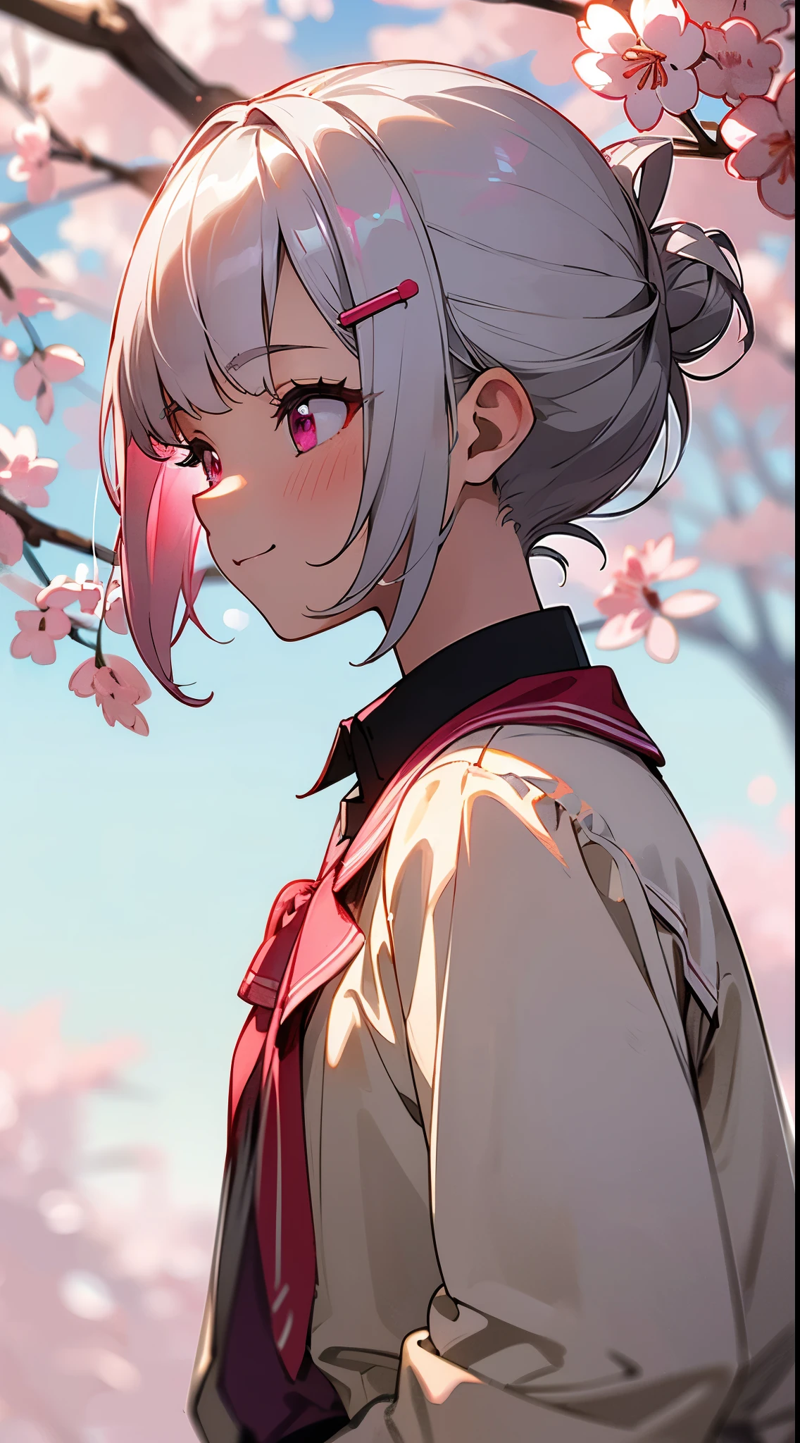 (highest quality、High resolution:1.2)、Silver-haired schoolgirl、Short silver bob hair tied into a bun with a hair clip、pink eyes、blush、smile、profile、turn your arms behind your back:1.2、Upper body close-up、Red Riders Jacket、Sakura Park、sharp outline、tomboy、boyish、highest quality、masterpiece