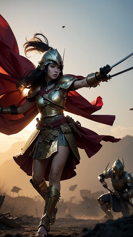 a dramatic illustration of a Thai woman Warrior amidst a battlefield. The atmosphere is intense, with dust and debris floating in the air, illuminated by an ethereal light. The central figure is a muscular warrior wearing a helmet with a plume, armored skirt, and sandals. He holds a sharp sword in one hand and a round shield in the other. The shield has an emblem of golden laurel leaves on it. In the background, silhouettes of other warriors engaged in combat.