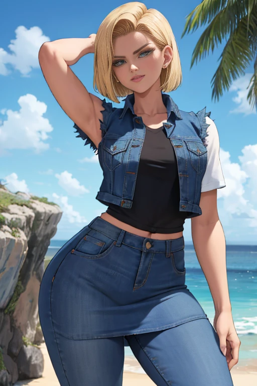 android 18 :1.2, ultra quality), Realistic, cara bonito, (imagem real, detalhes intrincados, profundidade de campo), (1girl, sozinho), compor, separated-lips, altamente detalhado, rosto perfeito, voluptuoso, girl nakked athletic body, molhada muscula, , massive breasts, sexo (Seios enormes:1.4), gachada, corpo agachado, hands on the floor, pernas flexionadas, cansada, biting lips, (curved:1.2), sorriso, feliz, at ease, (obra de arte:1.3), (melhor qualidade:1.3), (Anatomia perfeita:1.4), altamente detalhado, (praia tropical:1.3), Palmeiras, azure blue water, luz do dia, summer,, android18, brincos, Jeans, cinto, cabelo loiro, olhos azuis, cabelo curto, joia, (Jeans vest:1.2), Colete aberto, black pantyhose, Camisa preta, Jeans skirt, (mangas compridas listradas brancas), saia 