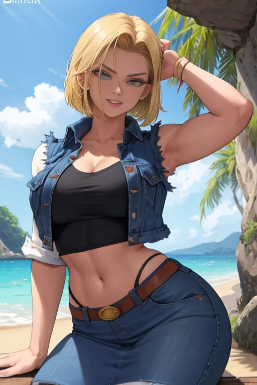 android 18 :1.2, ultra quality), Realistic, cara bonito, (imagem real, detalhes intrincados, profundidade de campo), (1girl, sozinho), compor, separated-lips, altamente detalhado, rosto perfeito, voluptuoso, girl nakked athletic body, molhada muscula, , massive breasts, sexo (Seios enormes:1.4), gachada, corpo agachado, hands on the floor, pernas flexionadas, cansada, biting lips, (curved:1.2), sorriso, feliz, at ease, (obra de arte:1.3), (melhor qualidade:1.3), (Anatomia perfeita:1.4), altamente detalhado, (praia tropical:1.3), Palmeiras, azure blue water, luz do dia, summer,, android18, brincos, Jeans, cinto, cabelo loiro, olhos azuis, cabelo curto, joia, (Jeans vest:1.2), Colete aberto, black pantyhose, Camisa preta, Jeans skirt, (mangas compridas listradas brancas), saia 