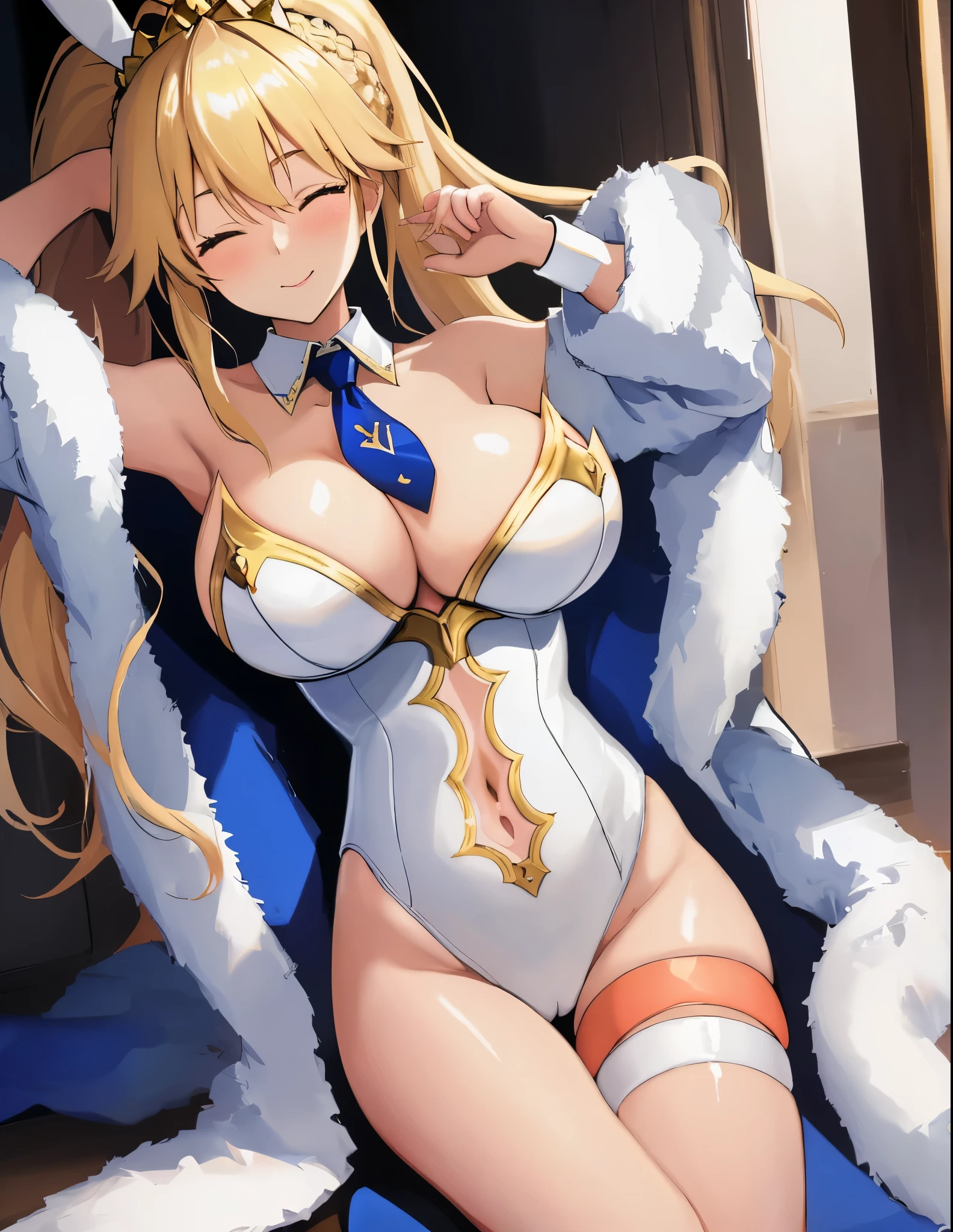 masterpiece, best quality, absurdres, soft lighting, looking at viewer, soght_smile:0.7), wink, one eye closed,
1girl, ahoge, rabbit ears, playboy bunny, artoria pendragon \(swimsuit ruler\) \(fate\), large breasts , blonde hair, green eyes, french braid, pony tail
bare shoulders, large breasts , cleavage,
clothing cut out, wrist cuffs, detached collar, navel cutout, feather boa,
white leotard, blue necktie, blue pantyhose, single thigh strap, hands behind head,
white background,