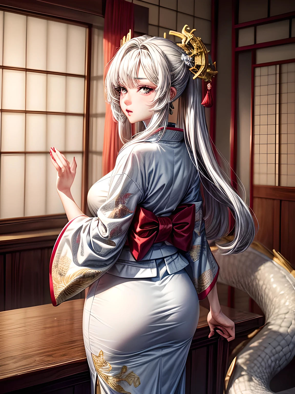 japanese yukata,Perfect female body,knife and sword,long_hair,parted bangs,straight hair,((red_eyes)),((Silver hair)),eye contact,licking lips,doggystyle,arm support,torogao,eyes visible through hair,