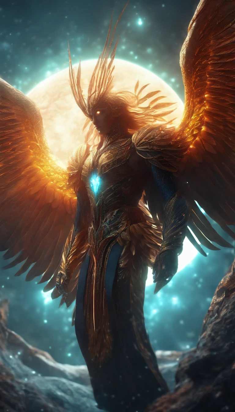 Icarus, huge wings, glowing light eyes, Biomechanical, Creepy, nightmarish, behind sun, Very bright colors, Light particles, with light glowing, Mshiff, wallpaper art, UHD wallpaper