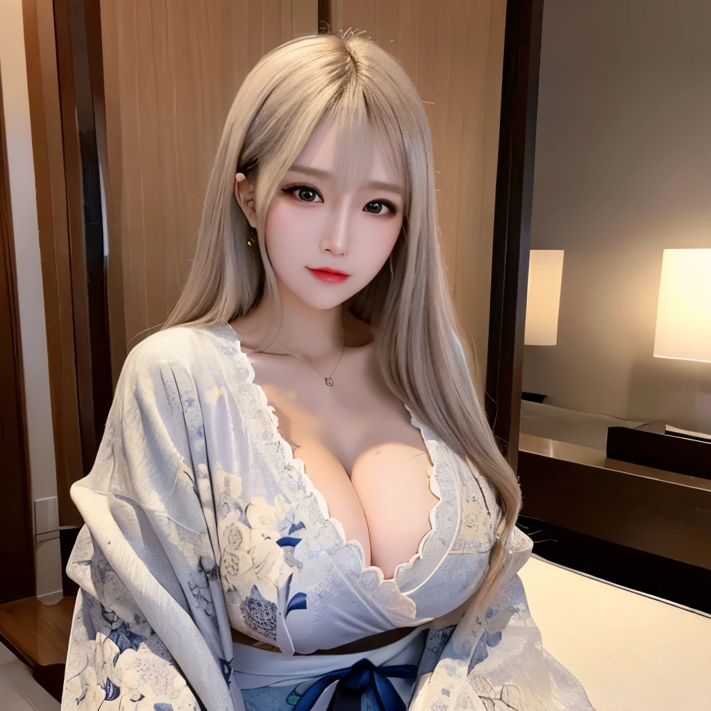 ((muste piece)), ((best quality)), (Super detailed), model-like face、Beautiful woman、kimono、plump breasts、Hostess