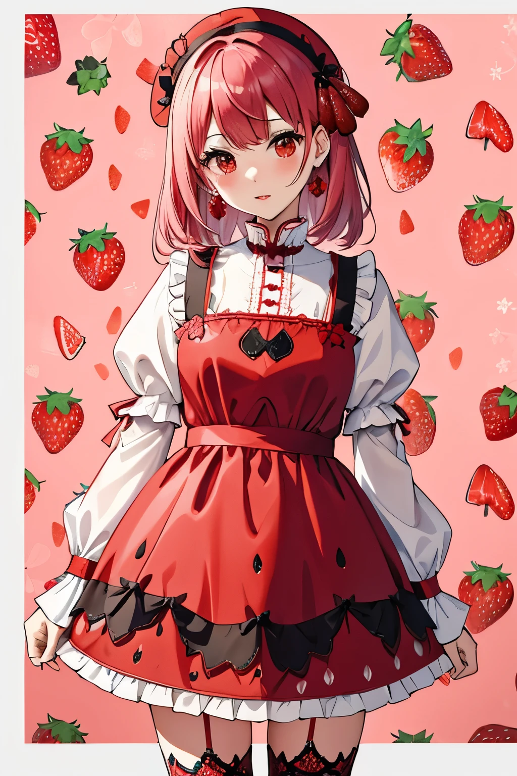//fashion
(pastel-red theme:1.3),((Strawberry Gothic Dress with Strawberry pattern:1.4)),(Strawberry ornament:1.3),(red big ribbon:1.3),(Strawberry earrings:1.2),(white Knee High Socks:1.3),(鮮明な色遣い:1.3),(顔の接写:1.5)