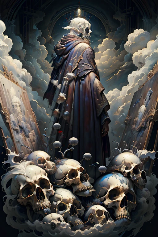masterpiece, highly detailed CG, high quality, solo, 1boy, standing, male focus,white hair, cloud, hood, from behind, cloak, skull, robe, painting