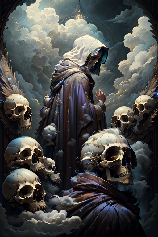 masterpiece, highly detailed CG, high quality, solo, 1boy, standing, male focus,white hair, cloud, hood, from behind, cloak, skull, robe, painting