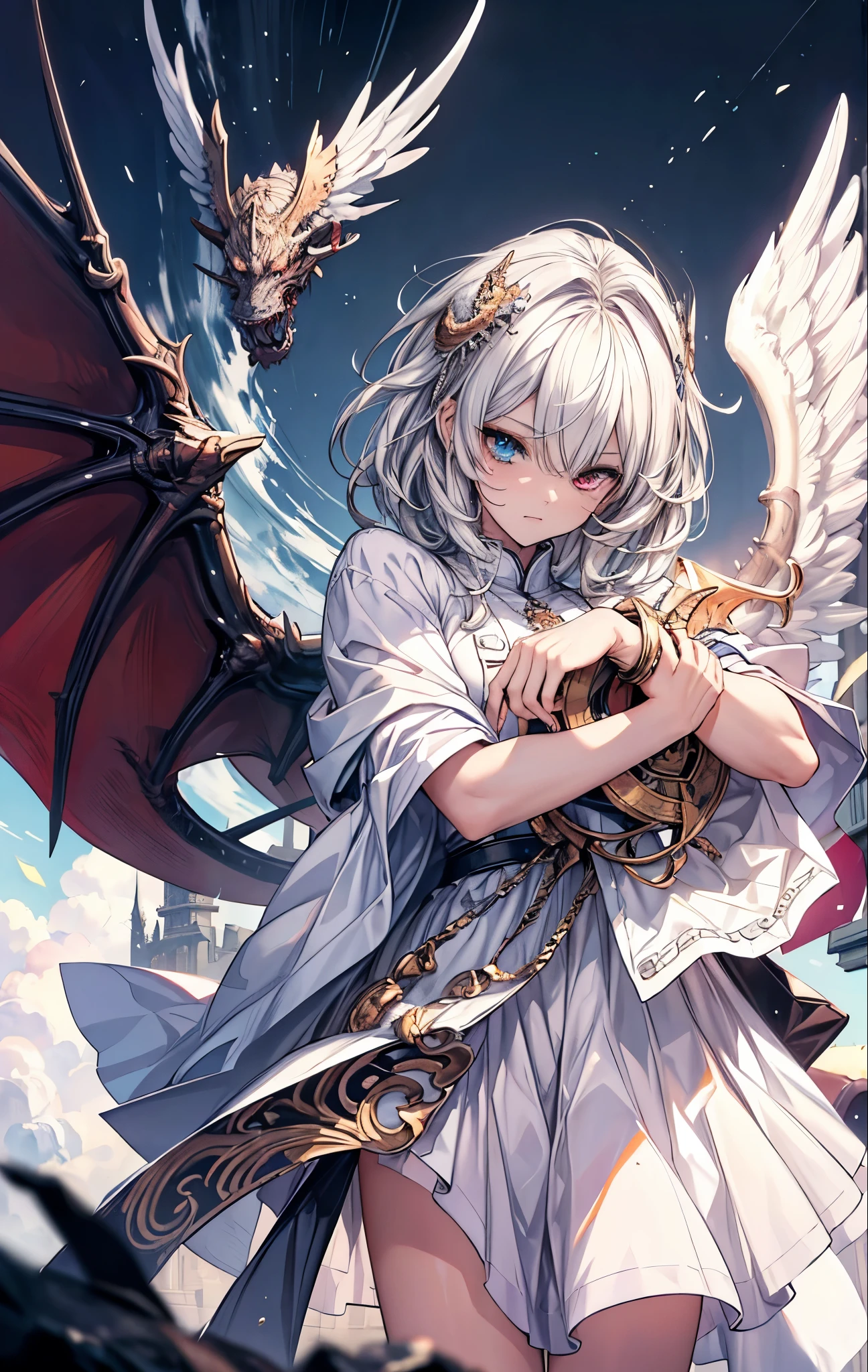 masterpiece, highest quality, High resolution, SA1, Monster angels that look sacred，His eyes are waiting for heterochromia，His whole body consists of a huge one-eyed eye，and a metal ring around one eye，The ring is crawling with the eyeball，The dragon has many wings on the white holy angel