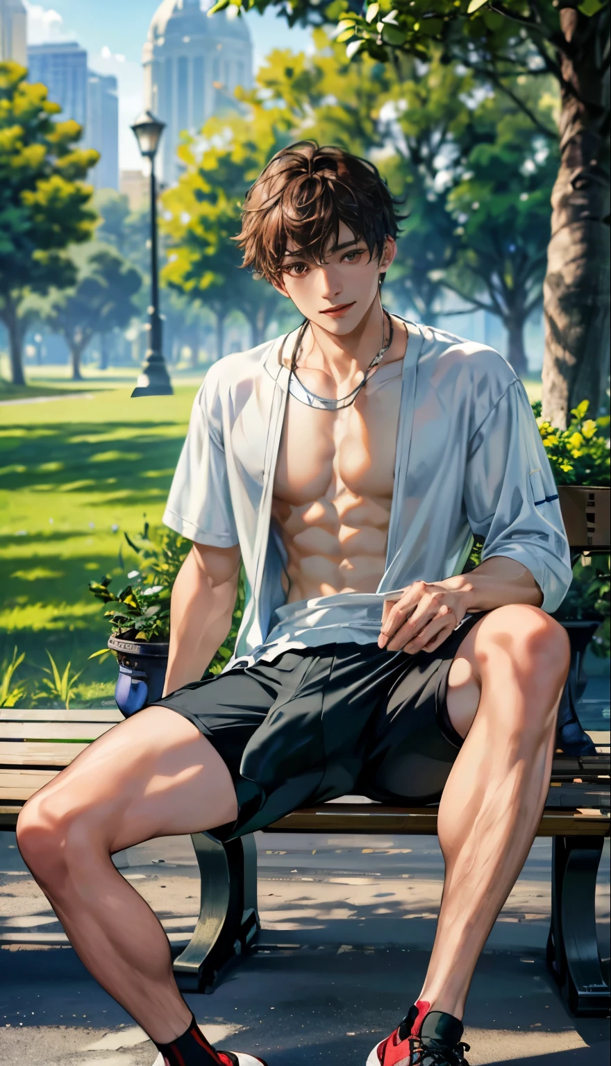 (absurdres, highres, ultra detailed, HDR), masterpiece, best quality, 1boy, solo, handsome, dark brown hair, finely eye and detailed face,((sports shorts)), sneaker, (pale and white skin), look at viewer, ear piecing, , smile, sitting on bench, park in background, full body view,topless, open legs