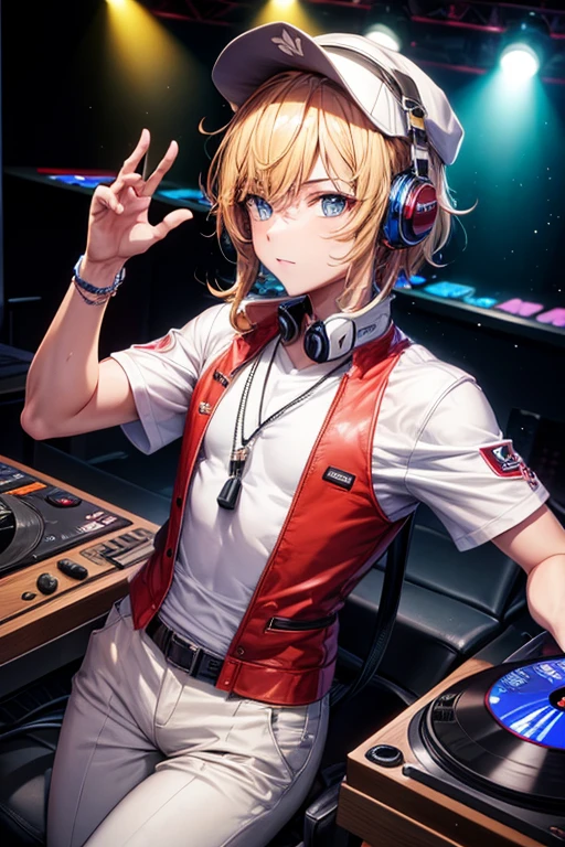 a handsome guy、Club DJ、HIPHOP department、reggae、headphones in hand、golden short hair、turntable、dance hall、High resolution、In 8K、sharp focus、zoom、with the best image quality、highest quality