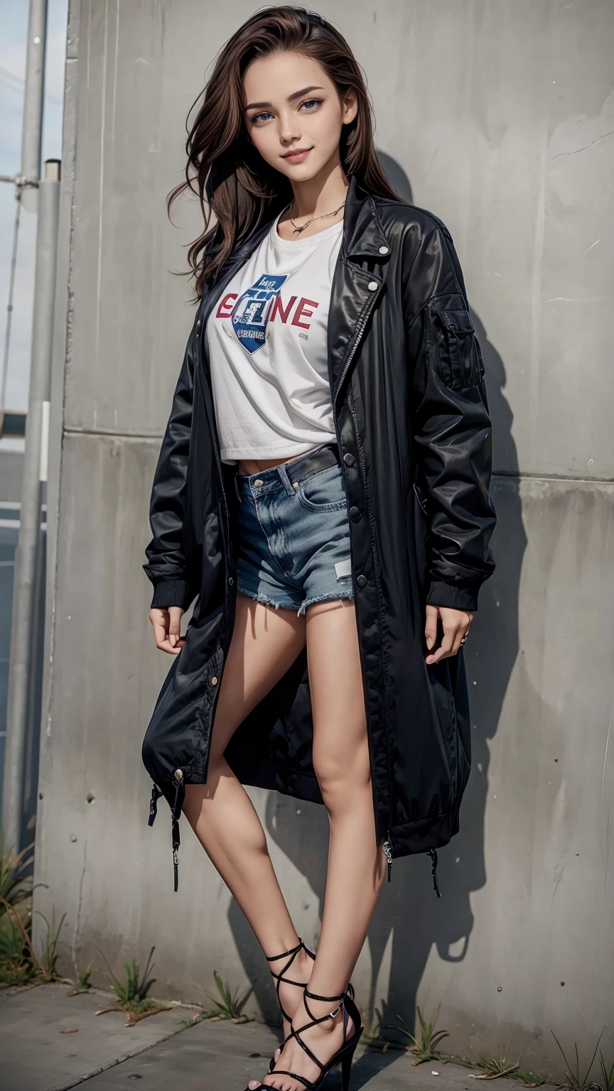 19-year-old woman、Hair color is brunette、Eye color is blue、Longhaire、wearing eye shadow and lipstick、Slender but well-proportioned muscular body、a smile、huge tit、is wearing jacket、He wears a shirt with a logo inside his jacket.、I'm wearing skirts、I'm wearing high heels、a smile、You're in the middle of an old concrete wall with wall art、The sun is shining from above、You have your hands in your jacket pockets.、a smile