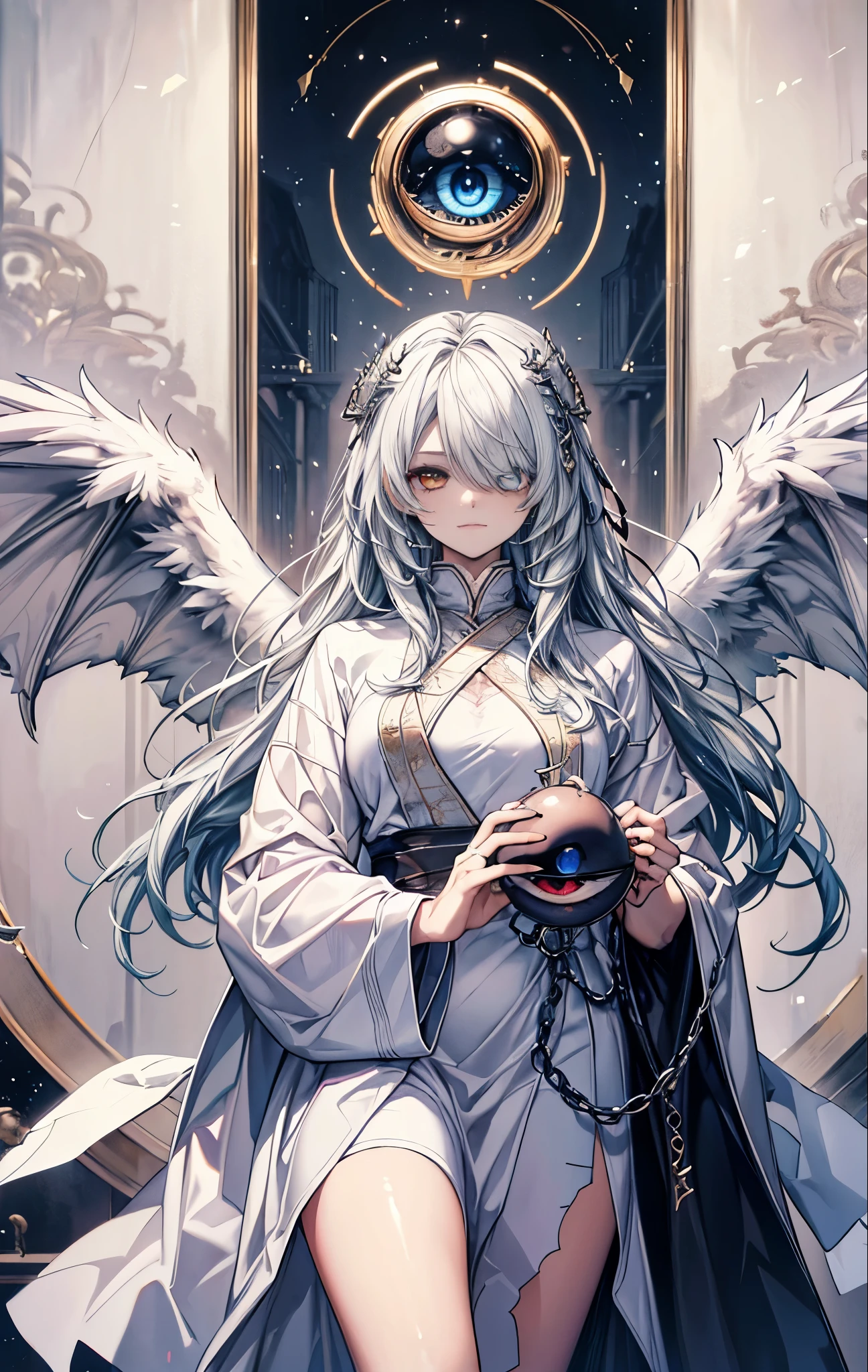 masterpiece, highest quality, High resolution, SA1, Monster angels that look sacred,His eyes are waiting for heterochromia,His whole body consists of a huge one-eyed eye,and a metal ring around one eye,The ring is crawling with the eyeball,The dragon has many wings on the white holy angel
