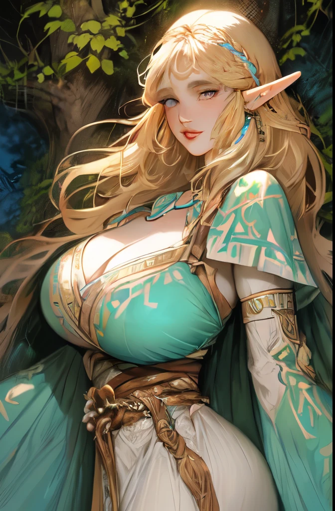 (Ultra Quality,Unparalleled Masterpiece:1.4)Overwhelmingly Pixel-Perfect,Ultra-Detailed CG 4K,(Ultra-Detailed Clear Absurdly-Vivid Jade Big Eyes:1.2),Gorgeous Round Detailed Face(Voluptuous:1.4)Elf(Gigantic Breasts:1.8)(Voluminous Long Blonde Hair: 1.4),ADULT(Bangs, Sidelocks:1.2)Seductive(intricately detailed white dress:1.3)(Zelda)(Celestine Lucullus: 1.2)(Solo:1.4)(1Girl: 0.5)(Facing Viewer:1.2)(arms behind back:1.2)(Cowboy Shot:1.2)(from above:1.1),Skindentation(Curvaceous:1.4)(Curvy:1.4)(Bimbo: 1.4)(Normal Waist: 1.2)(Thick Lips: 1.3)small-nose(light smile: 1.2)Rocks,Trees, Plants,Bush,Color Graded