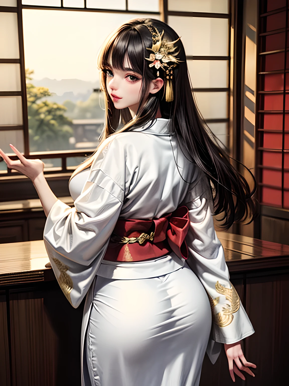 (Beautiful model in Japanese kimono commercial, beautiful straight long black hair), solo, ((face is 80% beauty and elegance, 20% pretty and cute:1.5)), clear eyes, (detailed eyes, light green eyes, bright pupils), Double Eyelids, (sexy lips with a little thickness:1.2), ((super detailed and incredibly high resolution Deep-white Kimono:1.2)), Highly Detailed Face Texture, striking body shape, curvy and very attractive woman, high-resolution RAW color photo pro photo, BREAK ultra high-resolution textures, High-res body rendering, big eyes, unparalleled masterpiece, incredible high resolution, super detailed, stunning ceramic skin, BREAK ((Facing back to show the pattern of the Kimono:1.5)), ((Wearing a white kimono with plenty of glittering gold embroidery of a rising-chinnese-dragon:1.5)), ((The white kimono has a very dazzling embroidery of a rising-chinnese-dragon:1.2)), (Finely crafted and sensual Japanese kimono), ((The embroidery pattern is a Chinese-dragon rising to the sky):1.2), ((elaborately and elegantly decorated White Kimono)), (Taken in front of a round fusuma window in a Japanese-style room)), BREAK ((Best Quality, 8k)), Crisp Focus:1.2, (Layer Cut, Big:1.2), (Beautiful Woman with Perfect Figure:1.4), (Beautiful and elegant rear view:1.3), Slender waist, (Correct hand shape:1.5), (Full body shot | cowboy shot)