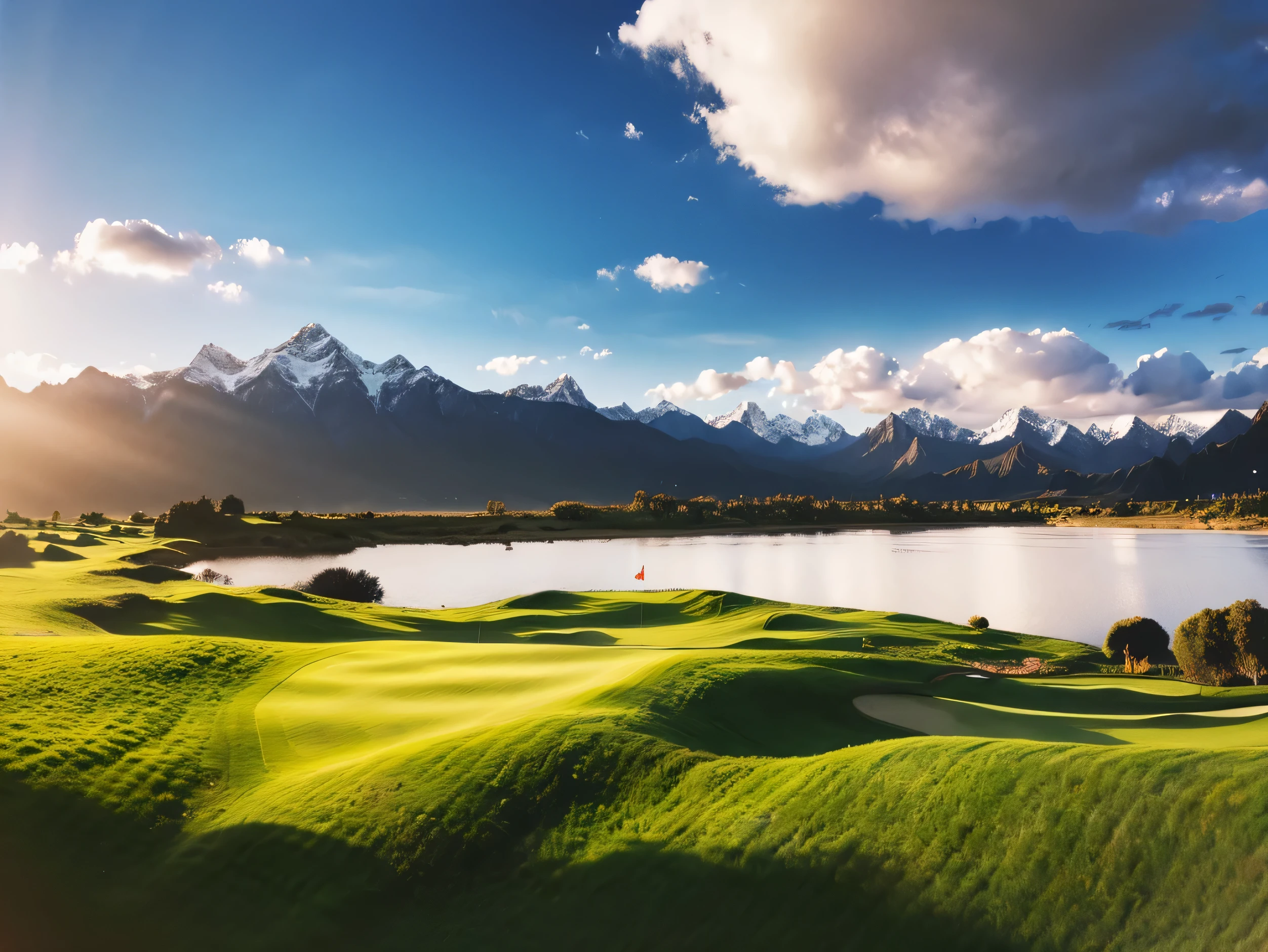 create a wallpaper background ultra high detail, looking across a hilly golf course, palm trees, sunshine, grass, blue sky, light cloud, ultra realistic, snow capped mountains in the background