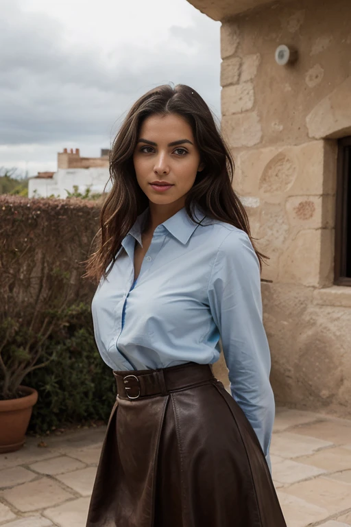 mujer adulta, Cabello negro largo y desordenado detallado, tiro lejano, Muscular, black french modern dress, Brown leather skirt, traditional french dress, No , Solo, pechos grandes, camisa negra debajo del vestido,Very dark brown supermodel, Hermoso rostro, ojos azules, hands behind the back, Toma de cuerpo completo, Disparo desde el frente, cuerpo detallado, ojos perfectos, cara perfecta, daytime lighting, sombras detalladas, HDR, Fotorrealista, bien iluminado, traditional landscape mexico, ella tiene cuerpo mediano y culo grande