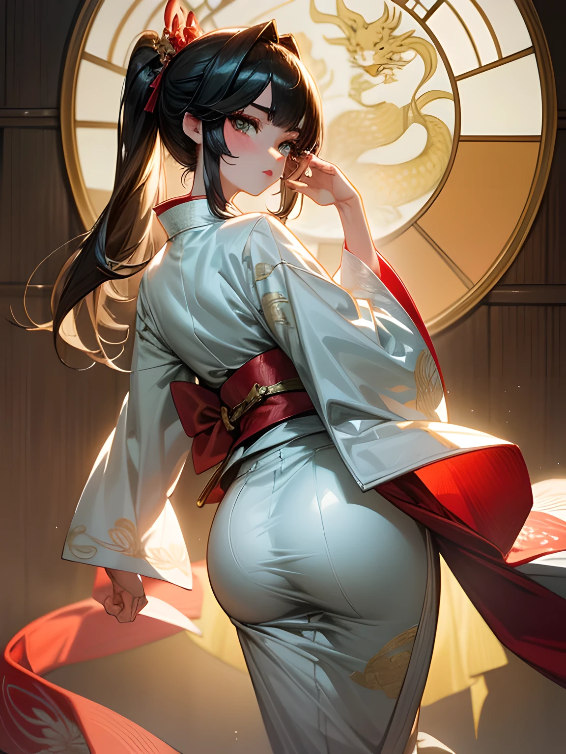 (Beautiful model in Japanese kimono commercial, beautiful straight long black hair), solo, ((face is 80% beauty and elegance, 20% pretty and cute:1.5)), clear eyes, (detailed eyes, light green eyes, bright pupils), Double Eyelids, (sexy lips with a little thickness:1.2), ((super detailed and incredibly high resolution Deep-white Kimono:1.2)), Highly Detailed Face Texture, striking body shape, curvy and very attractive woman, high-resolution RAW color photo pro photo, BREAK ultra high-resolution textures, High-res body rendering, big eyes, unparalleled masterpiece, incredible high resolution, super detailed, stunning ceramic skin, BREAK ((Facing back to show the pattern of the Kimono:1.5)), ((Wearing a white kimono with plenty of glittering gold embroidery of a rising-chinnese-dragon:1.5)), ((The white kimono has a very dazzling embroidery of a rising-chinnese-dragon:1.2)), (Finely crafted and sensual Japanese kimono), ((The embroidery pattern is a Chinese-dragon rising to the sky):1.2), ((elaborately and elegantly decorated White Kimono)), (Taken in front of a round fusuma window in a Japanese-style room)), BREAK ((Best Quality, 8k)), Crisp Focus:1.2, (Layer Cut, Big:1.2), (Beautiful Woman with Perfect Figure:1.4), (Beautiful and elegant rear view:1.3), Slender waist, (Correct hand shape:1.5), (Full body shot | cowboy shot)