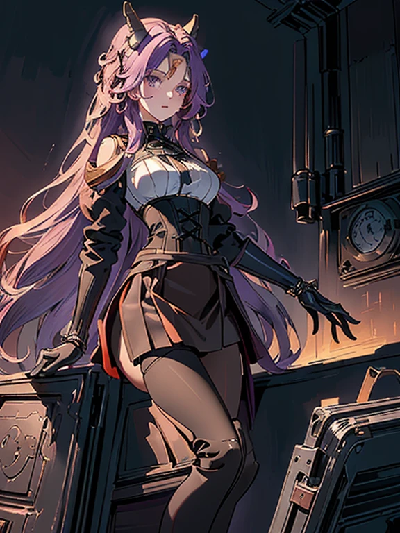 (((masterpiece)))、((highest quality))、(Super detailed)、(CG illustration)、(very beautiful girl))、cinematic light、((1 Mechanical Girl))、 SF、Apocalypse、Erotic grotesque、graduate school(beautiful and luxurious:1.2)、(1 girl:1.3)、facing the front,pale reddish-purple long hair,corset,(((((black high waist tight skirt)))))
