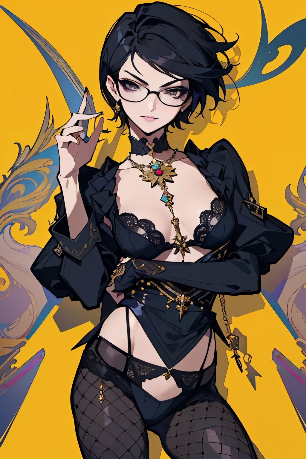 (masterpiece, highest quality:1.2), intricate details,  Bayonetta 2, 1 girl, body suit, compensate, lipstick, short hair, jewelry, Glasses, Muska, elbow bag, (mature woman:1.2) (a ferocious look、Vulgar smile) ((flushing)) (black underwear,bra,Underpants)
、garter belt、Fishnet tights、choker)