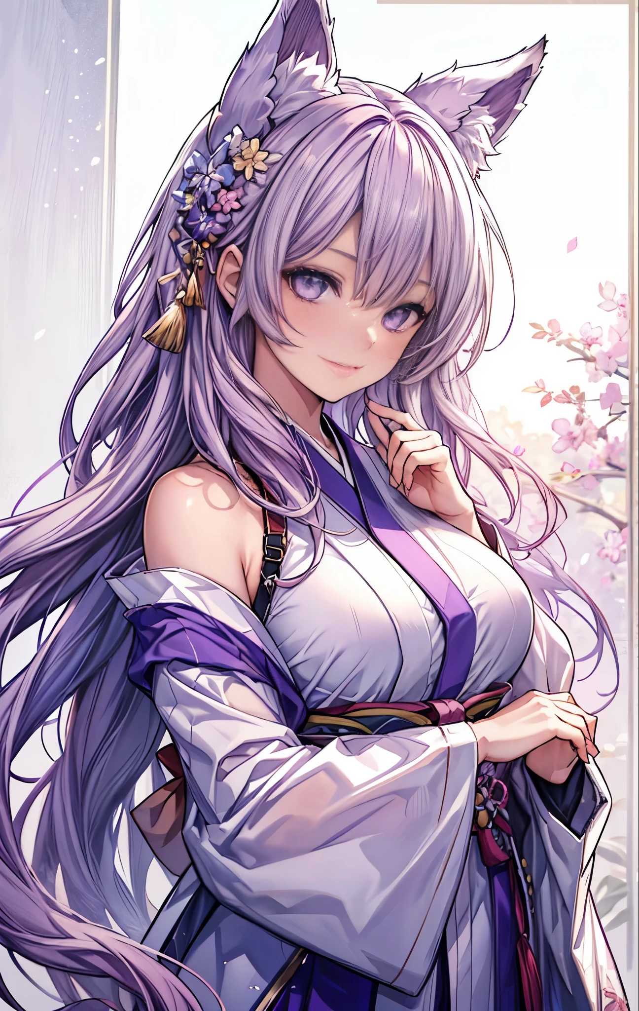masterpiece, 最high quality, High resolution, SA1, young girl, pink long hair, fox ears, heterochromia, White eye on the left and purple eye on the right, Purple kimono, open shoulders, big breasts, smile, masterpiece, high quality