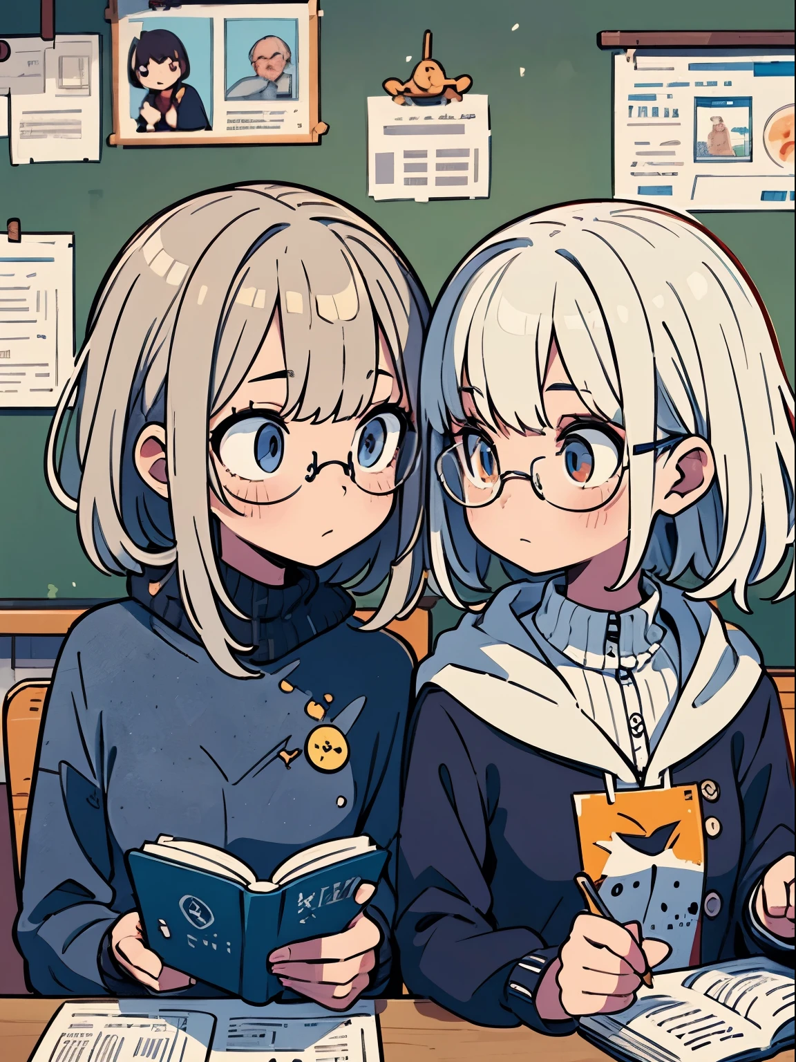 At dusk, in a classroom bathed in warm twilight, two girls are engrossed in reading. One with white hair, wearing glasses, captivated by a book, while the other, also a girl, shares the moment beside her. The atmosphere should convey the tranquility of the evening. Emphasize the details of glasses, the twilight ambiance, and the serene expressions of the two readers. Include a blackboard in the background to enhance the classroom setting. Generate a high-quality image that captures the essence of peaceful reading in a quiet, end-of-day classroom.