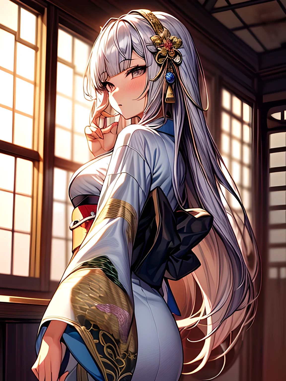 (Beautiful model in Japanese kimono commercial, beautiful straight long black hair), solo, ((face is 80% beauty and elegance, 20% pretty and cute:1.5)), clear eyes, (detailed eyes, light green eyes, bright pupils), Double Eyelids, (sexy lips with a little thickness:1.2), ((super detailed and incredibly high resolution Deep-white Kimono:1.2)), Highly Detailed Face Texture, striking body shape, curvy and very attractive woman, high-resolution RAW color photo pro photo, BREAK ultra high-resolution textures, High-res body rendering, big eyes, unparalleled masterpiece, incredible high resolution, super detailed, stunning ceramic skin, BREAK ((Facing back to show the pattern of the Kimono:1.5)), ((Wearing a white kimono with plenty of glittering gold embroidery of a rising-chinnese-dragon:1.5)), ((The white kimono has a very dazzling embroidery of a rising-chinnese-dragon:1.2)), (Finely crafted and sensual Japanese kimono), ((The embroidery pattern is a Chinese-dragon rising to the sky):1.2), ((elaborately and elegantly decorated White Kimono)), (Taken in front of a round fusuma window in a Japanese-style room)), BREAK ((Best Quality, 8k)), Crisp Focus:1.2, (Layer Cut, Big:1.2), (Beautiful Woman with Perfect Figure:1.4), (Beautiful and elegant rear view:1.3), Slender waist, (Correct hand shape:1.5), (Full body shot | cowboy shot)