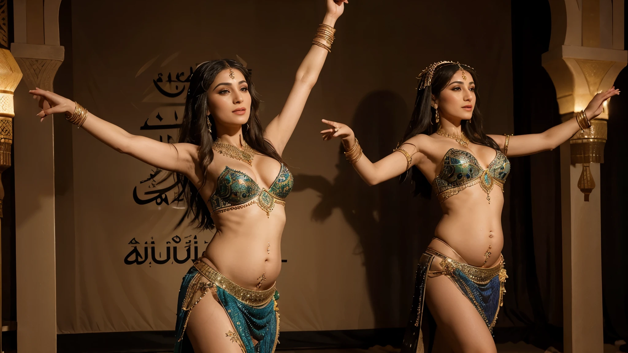 A solo (((vividly detailed Arabic belly dancer))) dressed in a flowing, intricate costume embellished with intricate patterns and dazzling jewels, movement that combines graceful, expressive gestures that convey an air of ancient, timeless elegance