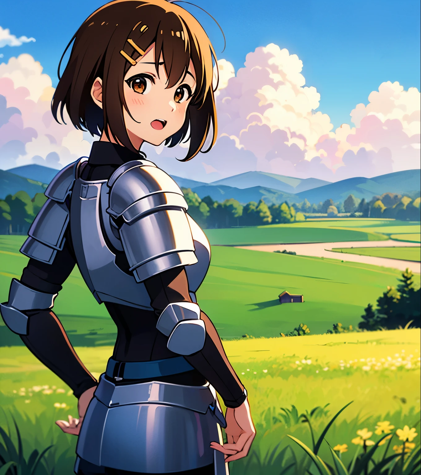 ((masterpiece)),(high details), (best quality),((perfect face)),((perfect fingers)),(high resolution), (1 girl in a field with a blue sky and clouds),Hirasawa Yui,K-ON anime,((short hair)),(brown hair),((brown eyes)),hair clip,(((wear knight armor))),open mouth,hand on hip, morning day,scenery grass field with a blue sky,countryside landscape, beautiful anime scenery,anime nature, beautiful peace scene,cowboyshot, from side,