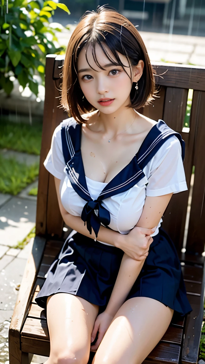 a beautiful 18-year-old Japanese lady,short bob hair,serafuku uniform,tight translucent shirt,large round breasts,slender curvy figure,beautiful detailed eyes,long eyelashes,double eyelids,elongated eyes,innocent smile, red ribbon,short pleated miniskirt,red underwear, school patio background,hands on hip,(best quality,4k,8k,highres,masterpiece:1.2),ultra-detailed,(realistic,photorealistic,photo-realistic:1.37),HDR,vivid colors,studio lighting