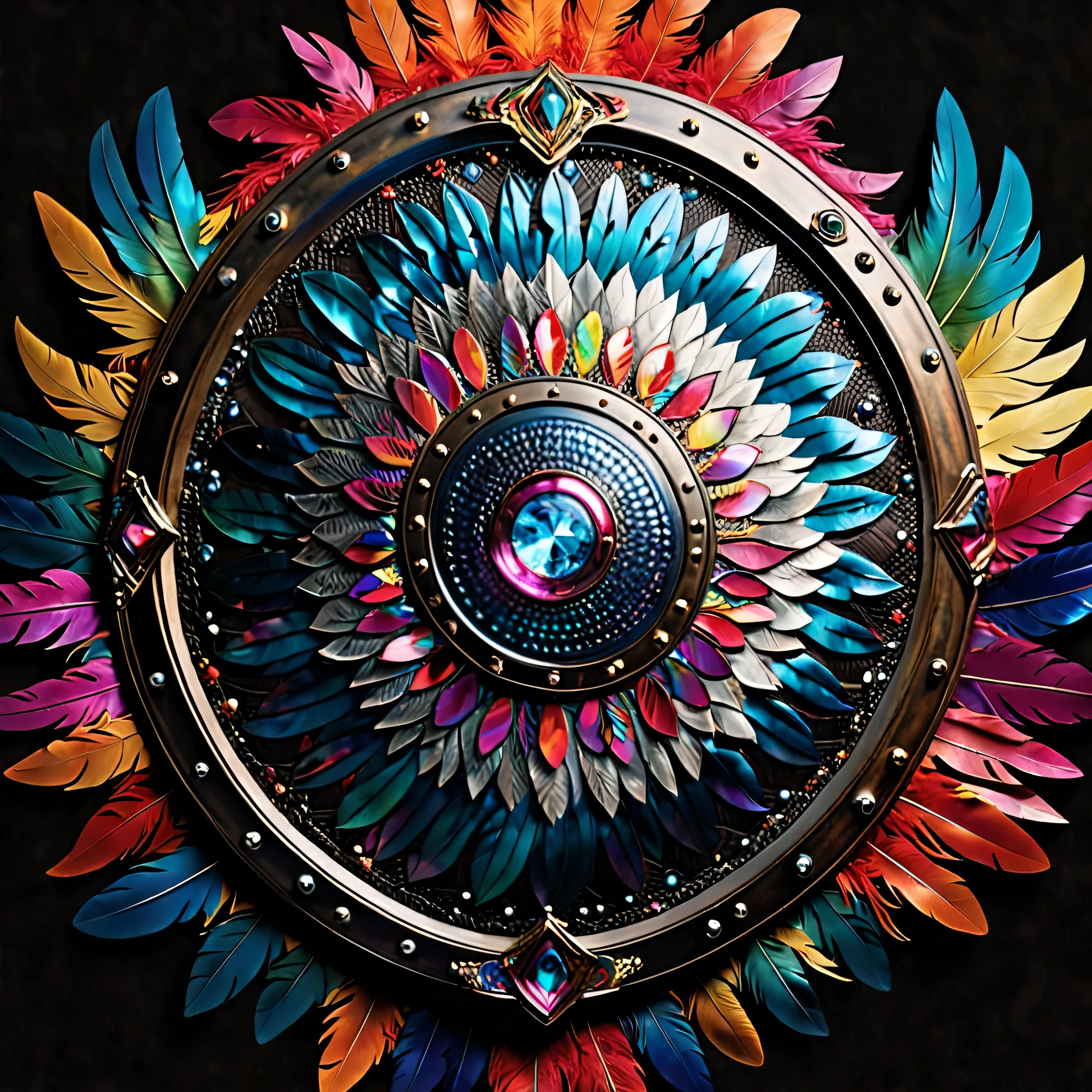 (masterpiece), realistic, UHD ,8k,Photography of an outrageously imaginative shield that defies all expectations. This extraordinary shield is a true work of art, featuring a combination of unconventional materials, such as iridescent feathers, holographic elements, and shimmering crystals. Its intricate design incorporates wild patterns and vibrant colors, creating a visually stunning and mesmerizing display. This close-up shot captures the shield's intricate textures and extravagant details, showcasing the boundless creativity and craftsmanship. The photograph, with its dramatic lighting and vibrant color palette, transports viewers to a realm where imagination reigns supreme. Photographed by Nick Knight, a legendary fashion photographer known for his bold and innovative imagery