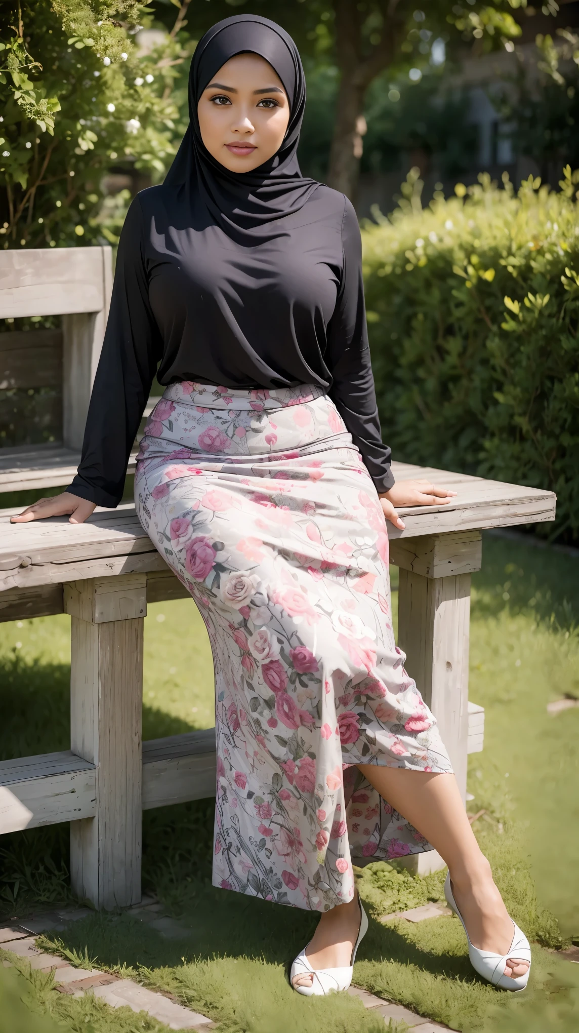 RAW, Best quality, high resolution, masterpiece: 1.3), beautiful Malay woman in hijab :0.8), beautifull face, perfect fit body, big eyes, glossy lips,(big breast),thick thighs, woman sitting against brick wall in bright color blouse and long floral skirt, amazing masterpiece, in flower garden, very attractive pose, she is about 2 5 years old, beautiful woman, beautiful, very beautiful, sitting, beautiful malay woman