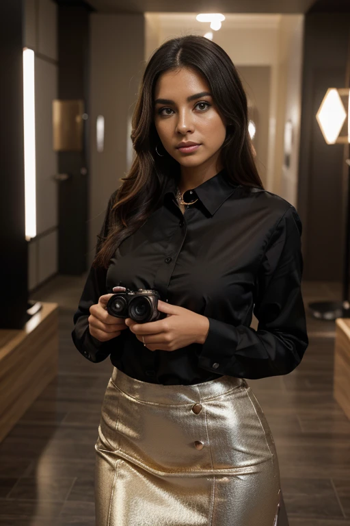 Una hermosa chica de cabello oscuro con cabello ondulado, carries a luxury business dress code (falda negra camisa blanca) with luxury jewelry accessories, Ella camina hacia su trabajo de cara al espectador.. la foto es calidad 8k, fotos tomadas por Hasselblad + incredibly detailed, nitidez, Detalles + professional lighting, photography lighting + 50mm, 80mm, 100m + gallery light room + Fotos de behance + desempaquetar, This next-generation camera and lens combination in your hands is designed for exquisite portraits, and now take advantage of this moment to reveal your unique beauty in the midst of this enchanting environment --ar 2:3 50 --V 5.2 --s 2,
