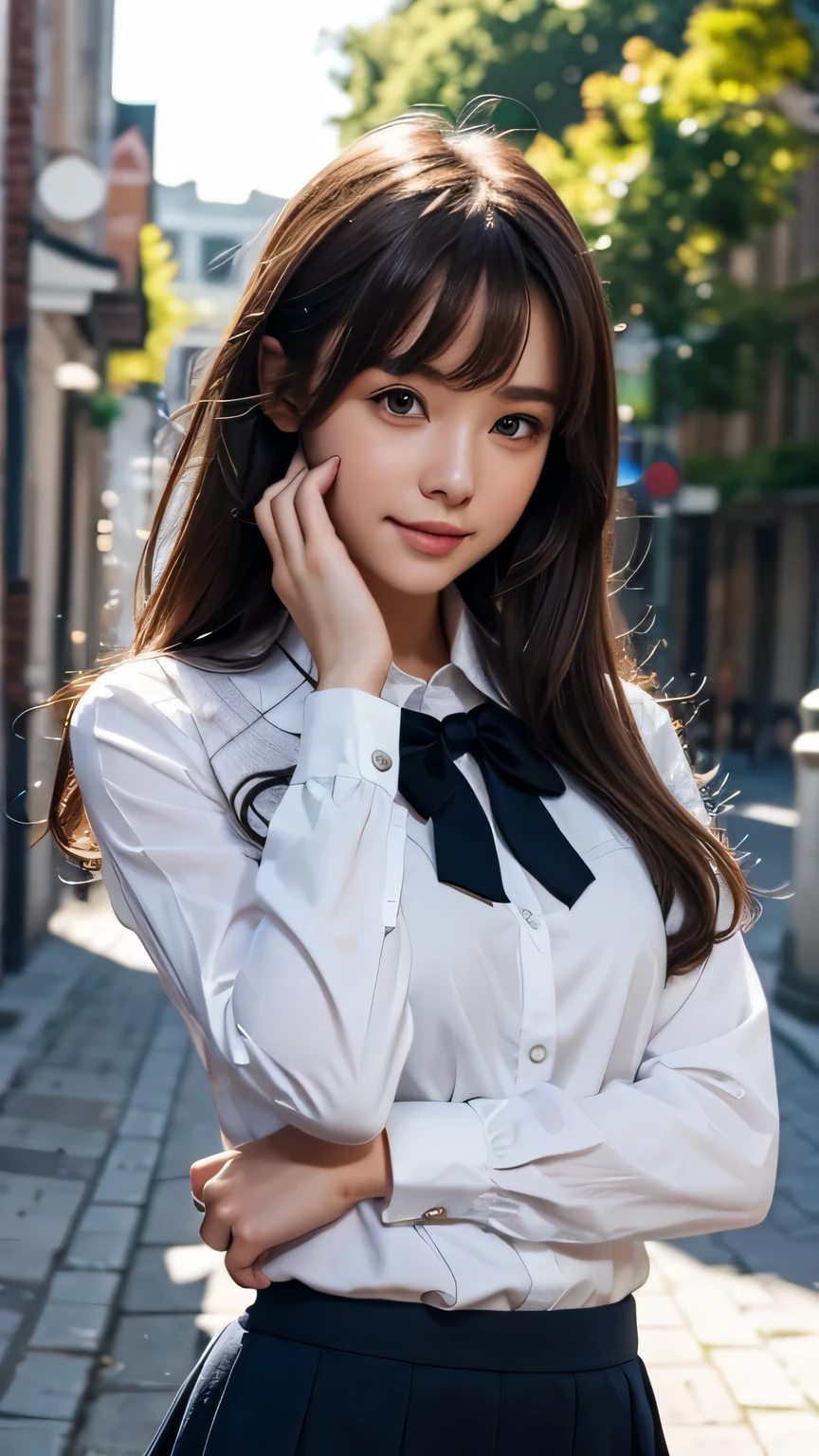 (very delicate and beautiful: 1.2), 1 girl, robber girl, bangs, cute eyes, bow, brown hair, closed mouth, Landscape, hair between eyes, hair bow, long sleeves, looking at the viewer, medium hair, alone, Upper body, Short : 1.3, ((alone)), (masterpiece), blonde、Poses with different movements、With a smile、mini skirt、mini shirts、uniform、